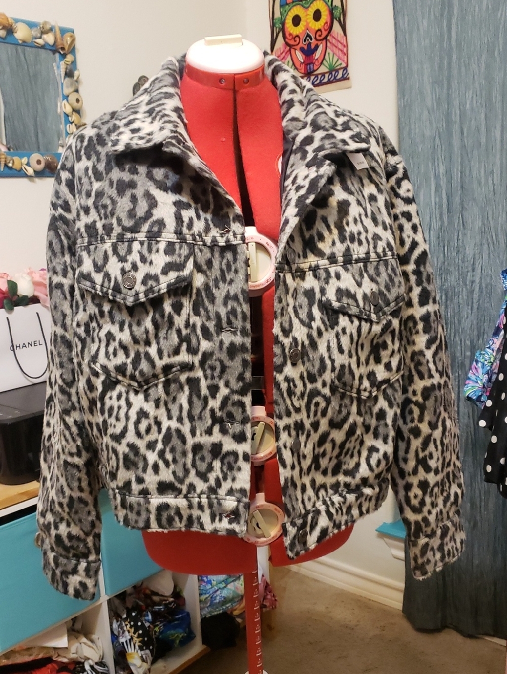 GAP Black and White Leopard-Print Denim Jacket